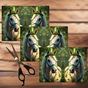 Cute horse with green hat, bridle and shamrocks tissue paper