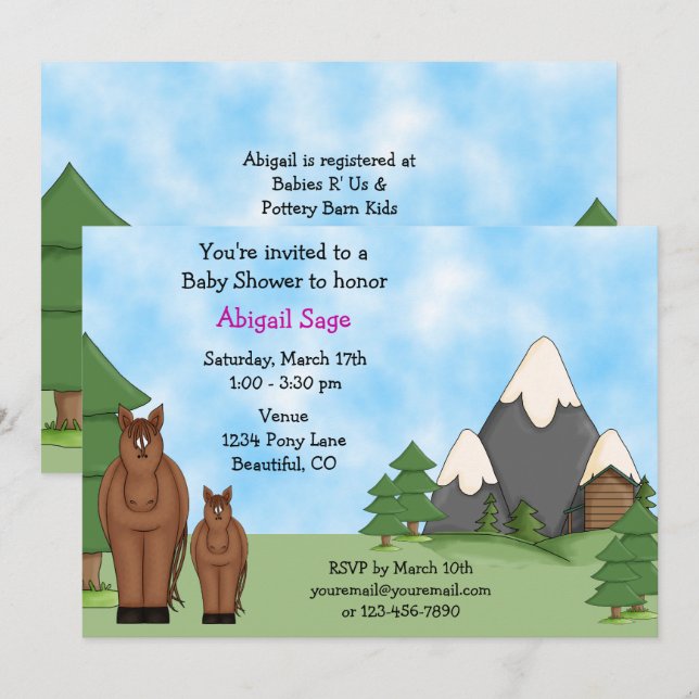Cute Horses and Mountains Girl's Baby Shower Invitation (Front/Back)
