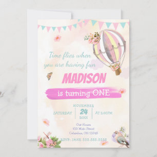 Cute Hot Air Balloon 1st Watercolor Birthday RSVP Invitation