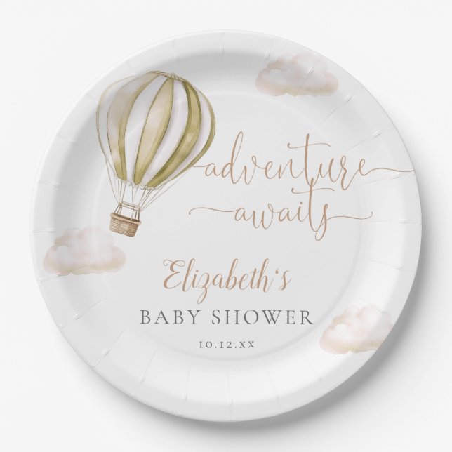 Cute Hot Air Balloon Gender Neutral Baby Shower Paper Plate (Front)