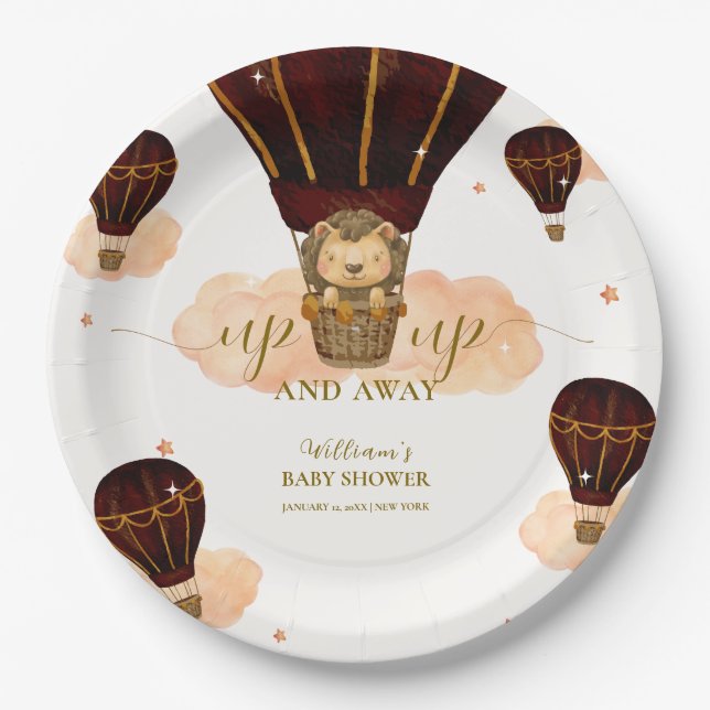 Cute Hot Air Balloon Jungle Lion Boy Baby Shower  Paper Plate (Front)