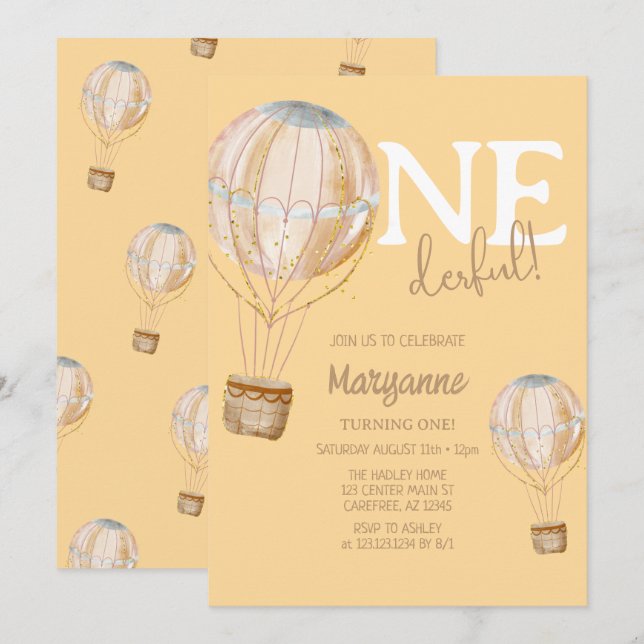 Cute Hot Air Balloon Kids Birthday Invitation (Front/Back)