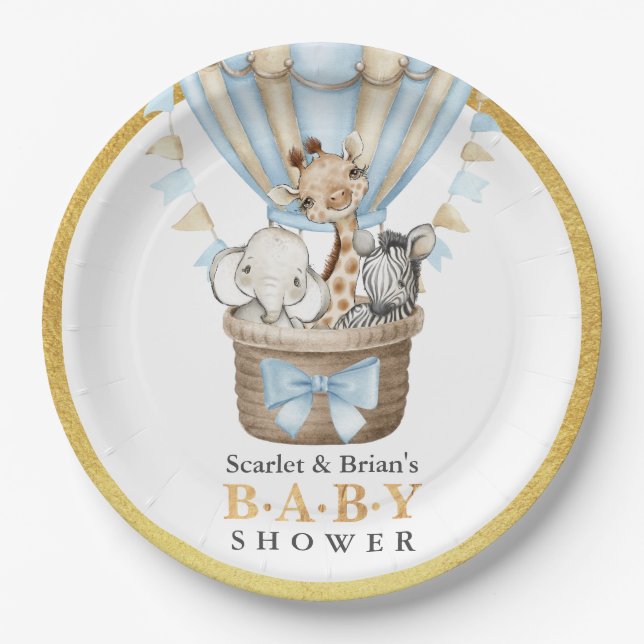 Cute Hot Air Balloon Safari Animals Baby Shower  Paper Plate (Front)