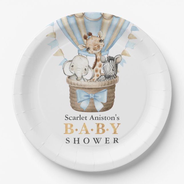 Cute Hot Air Balloon Safari Animals Baby Shower  Paper Plate (Front)