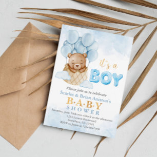 Cute Hot Air Balloon Teddy Bear Baby Shower Invitation