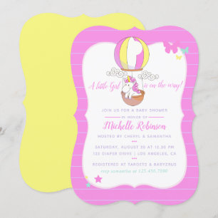 Cute Hot Air Balloon Unicorn Baby Girl Shower Invitation