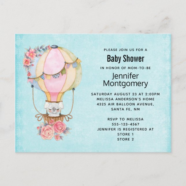 Cute Hot Air Balloon Watercolor Baby Shower Invitation Postcard (Front)
