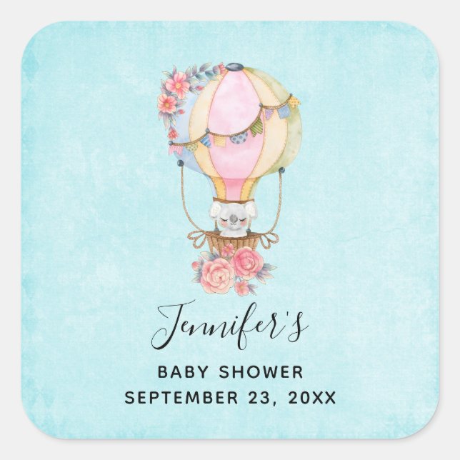 Cute Hot Air Balloon Watercolor Baby Shower Square Sticker (Front)