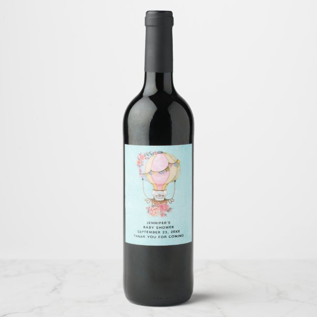 Cute Hot Air Balloon Watercolor Baby Shower Wine Label (Front)