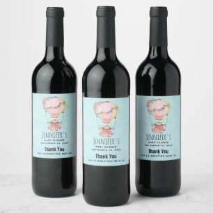 Cute Hot Air Balloon Watercolor Baby Shower Wine Label