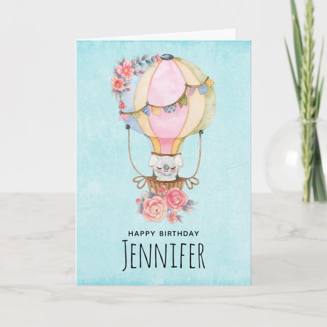 Cute Hot Air Balloon with Bear Watercolor Birthday Card (Front)