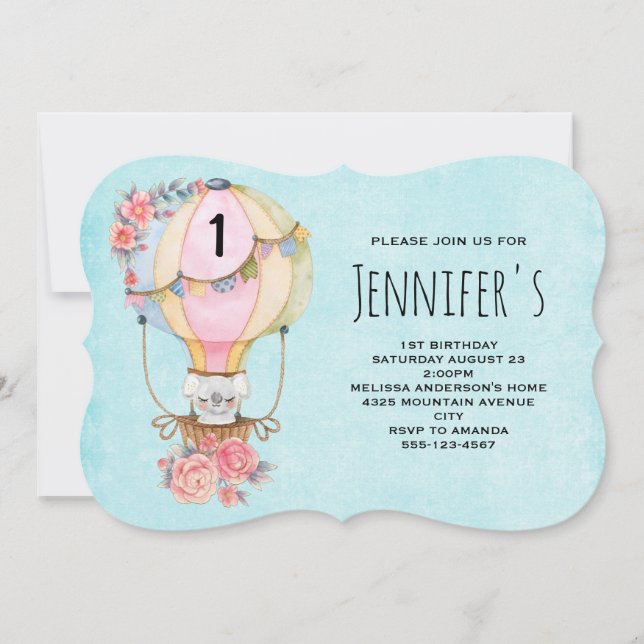 Cute Hot Air Balloon with Bear Watercolor Birthday Invitation (Front)