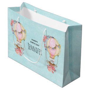 Cute Hot Air Balloon with Bear Watercolor Birthday Large Gift Bag