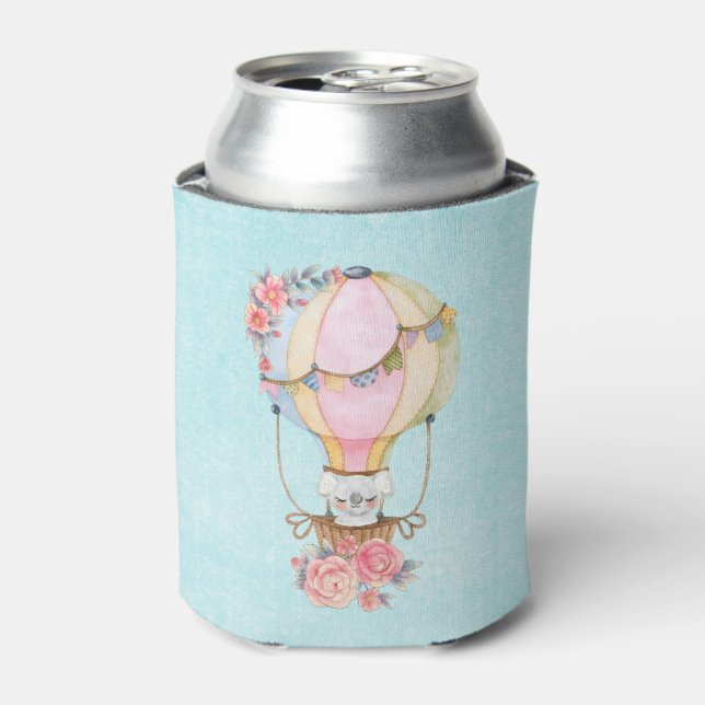 Cute Hot Air Balloon with Bear Watercolor Can Cooler (Can Front)
