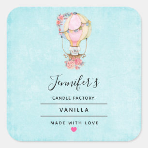 Cute Hot Air Balloon with Bear Watercolor Candle Square Sticker