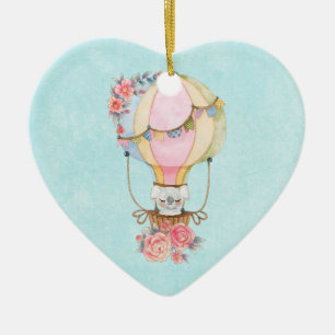 Cute Hot Air Balloon with Bear Watercolor Ceramic Tree Decoration