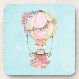 Cute Hot Air Balloon with Bear Watercolor Coaster