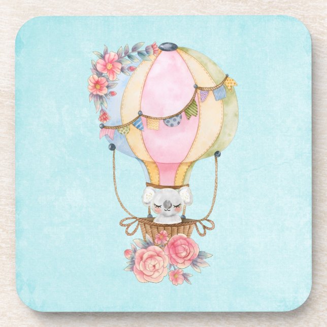 Cute Hot Air Balloon with Bear Watercolor  Coaster (Front)