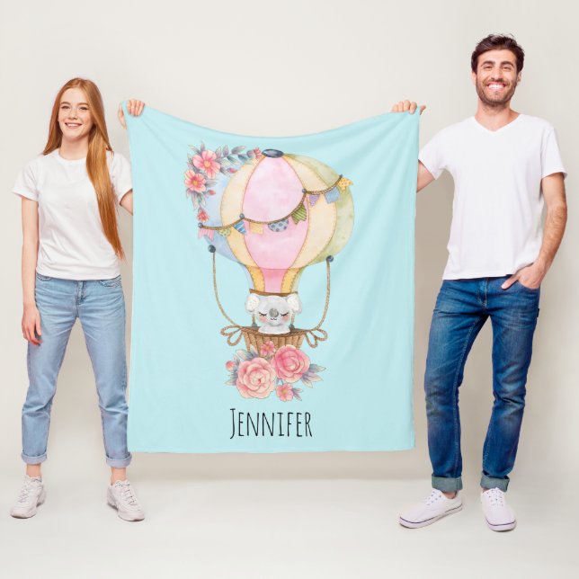 Cute Hot Air Balloon with Bear Watercolor Fleece Blanket (In Situ)