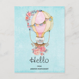 Cute Hot Air Balloon with Bear Watercolor Hello Postcard