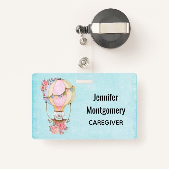 Cute Hot Air Balloon with Bear Watercolor  ID Badge (Back with Retractable)