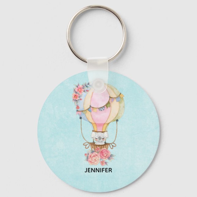 Cute Hot Air Balloon with Bear Watercolor Key Ring (Front)