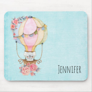 Cute Hot Air Balloon with Bear Watercolor Mouse Mat