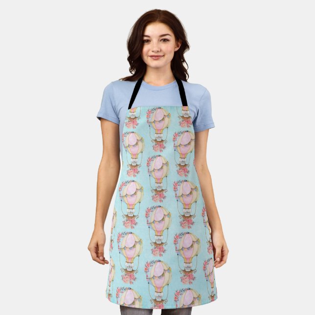 Cute Hot Air Balloon with Bear Watercolor Pattern Apron (Worn)