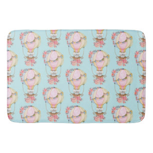 Cute Hot Air Balloon with Bear Watercolor Pattern Bath Mat