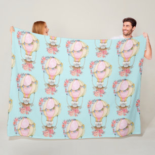 Cute Hot Air Balloon with Bear Watercolor Pattern Fleece Blanket