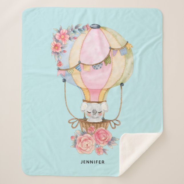 Cute Hot Air Balloon with Bear Watercolor Sherpa Blanket (Front)