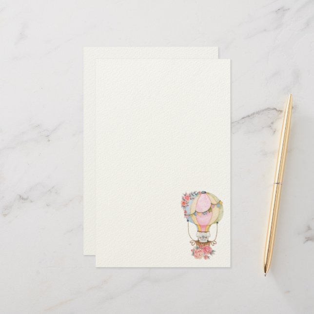Cute Hot Air Balloon with Bear Watercolor Statione Stationery (Front/Back In Situ)