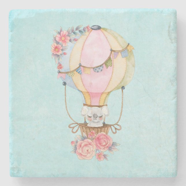 Cute Hot Air Balloon with Bear Watercolor Stone Coaster (Front)
