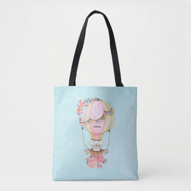 Cute Hot Air Balloon with Bear Watercolor Tote Bag (Front)