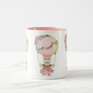 Cute Hot Air Balloon with Bear Watercolor Two-Tone Coffee Mug