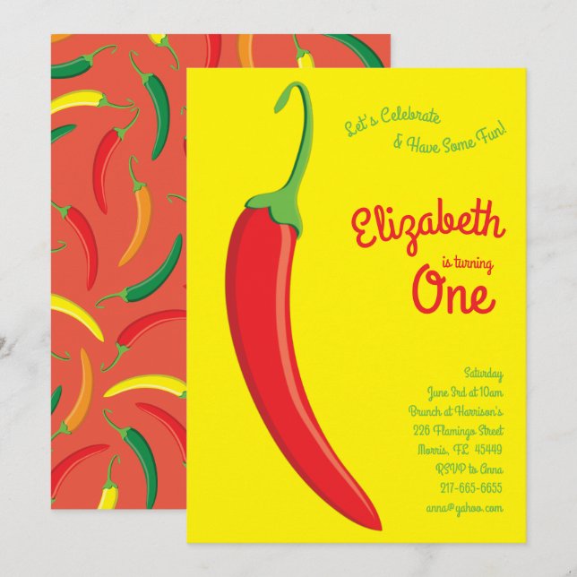 Cute Hot Chilli Pepper Kids 1st Birthday Party Invitation (Front/Back)