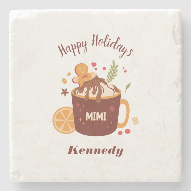 Cute Hot Chocolate with Gingerbread Stone Coaster (Front)