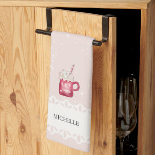 Cute Hot Cocoa Holiday Illustration Tea Towel