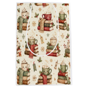 Cute Hot Cocoa Mugs on Books Christmas Pattern Medium Gift Bag