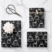 Cute Hot Coffee Seamless Pattern Black Background