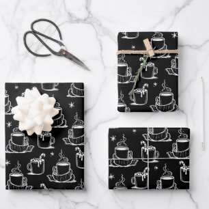 Cute Hot Coffee Seamless Pattern Black Background Wrapping Paper Sheet