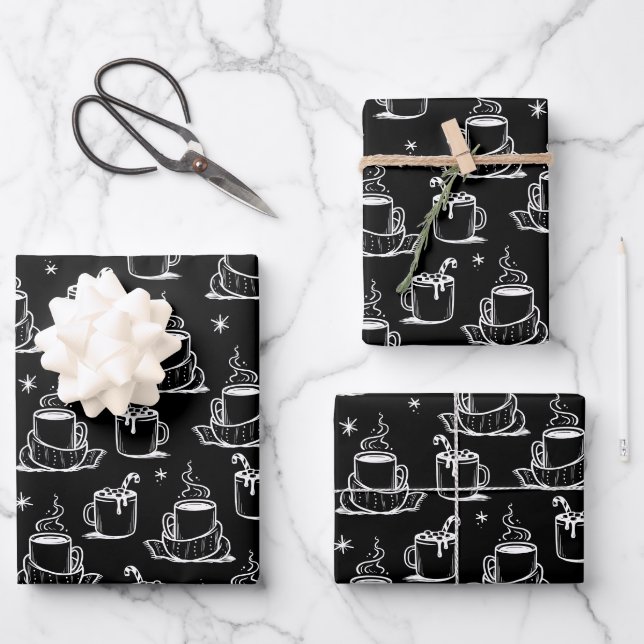 Cute Hot Coffee Seamless Pattern Black Background Wrapping Paper Sheet (Front)