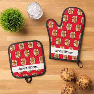 cute hot dog sausage (name) oven mitt & pot holder set