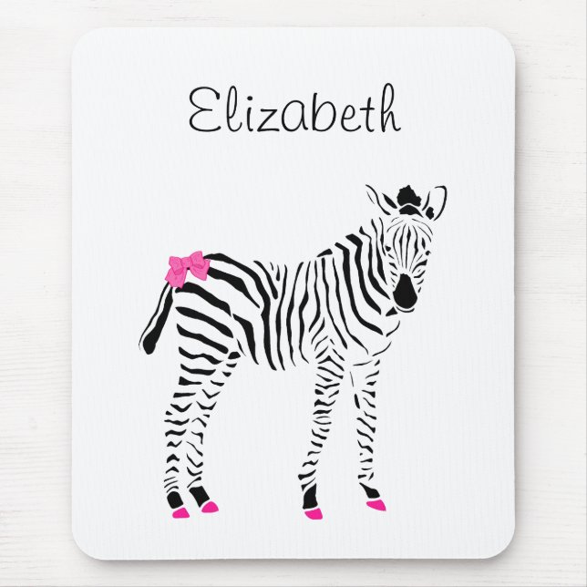 Cute Hot Pink and Black Girly Zebra With Name Mouse Mat (Front)