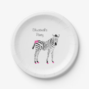 Cute Hot Pink and Black Girly Zebra With Name Paper Plate