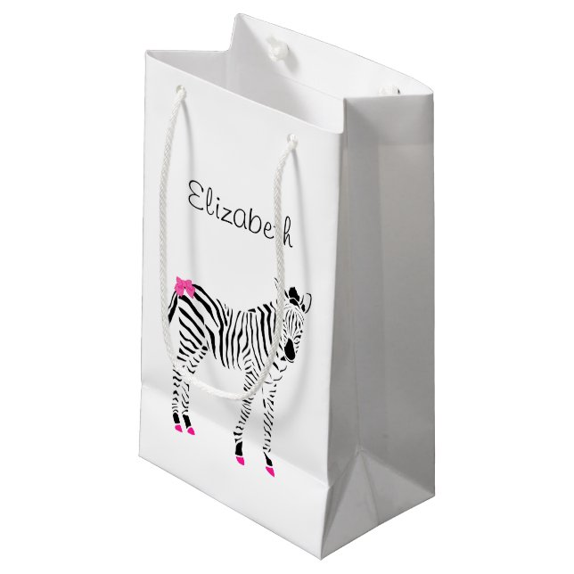 Cute Hot Pink and Black Girly Zebra With Name Small Gift Bag (Front Angled)