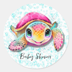 Cute Hot Pink and Teal Turtle Girl Baby Shower Classic Round Sticker