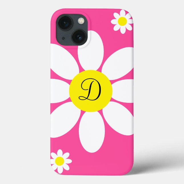 Cute Hot Pink and White Daisies Floral Initial Case-Mate iPhone Case (Back)