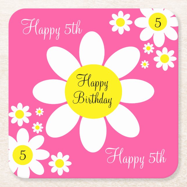 Cute Hot Pink and White Floral 5th Birthday Square Paper Coaster (Front)
