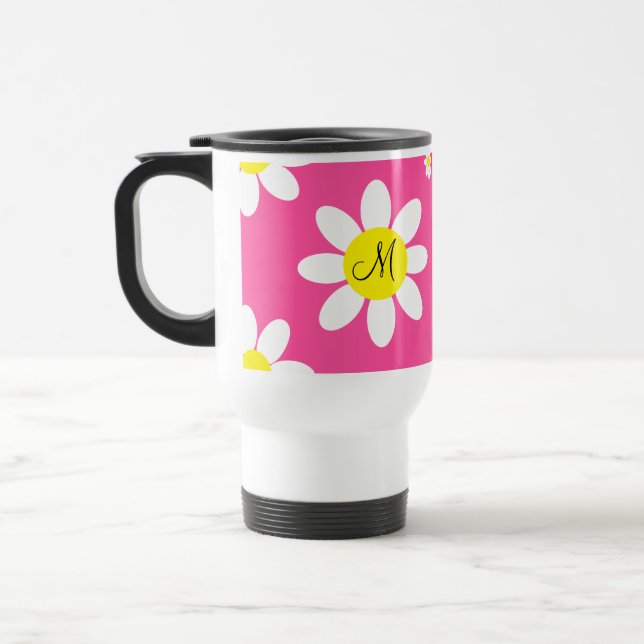 Cute Hot Pink and White Floral Custom Initials Travel Mug (Left)